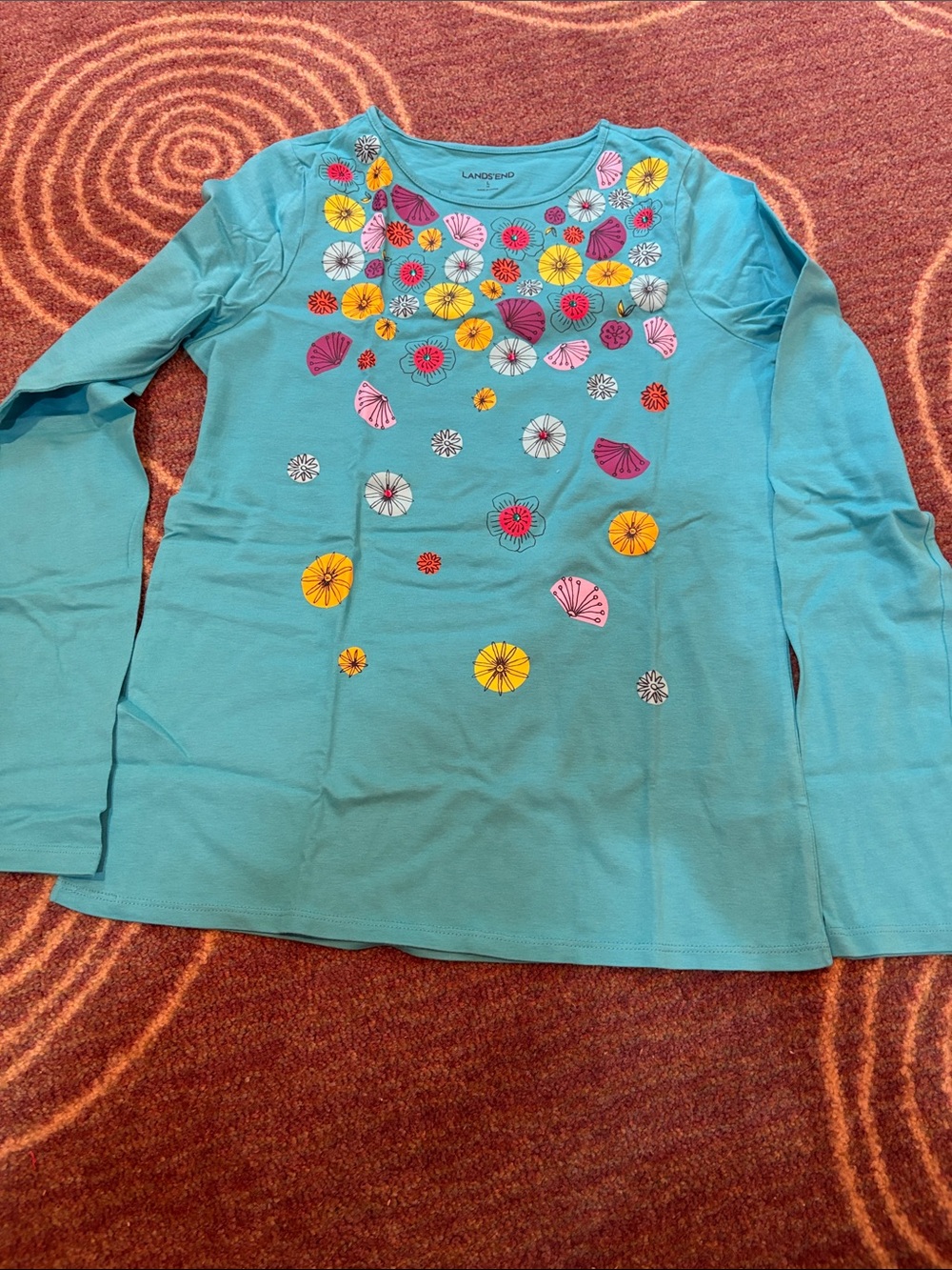 Lands' End Turquoise Long-Sleeve Tee with Multicolor Floral Accents L 14 Girls